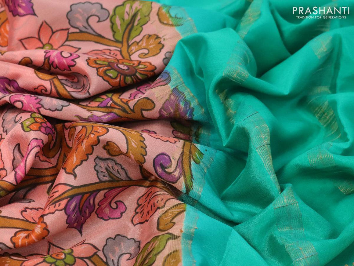 Printed crepe silk sraee peach shade and teal green with allover kalamkari prints and zari woven border - {{ collection.title }} by Prashanti Sarees