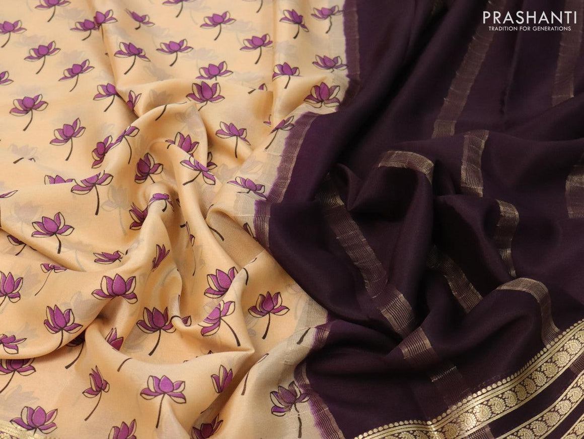 Printed crepe silk sraee sandal and deep jamun with allover floral butta prints and zari woven border - {{ collection.title }} by Prashanti Sarees
