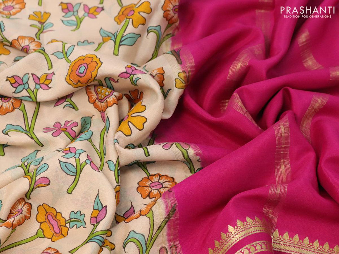 Printed crepe silk sraee sandal and pink with allover floral prints and zari woven border - {{ collection.title }} by Prashanti Sarees
