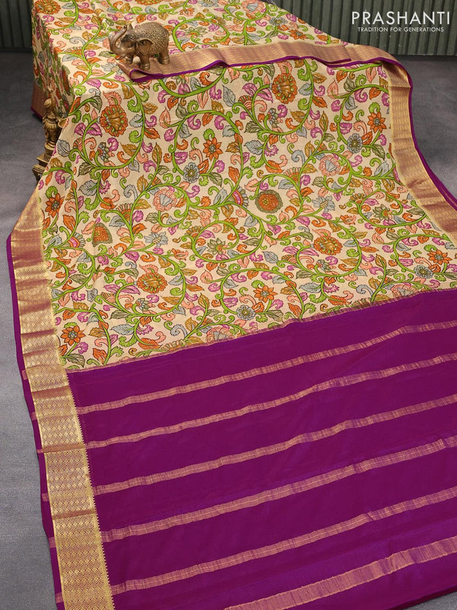 Printed crepe silk sraee sandal and purple with allover kalamkari prints and zari woven border - {{ collection.title }} by Prashanti Sarees