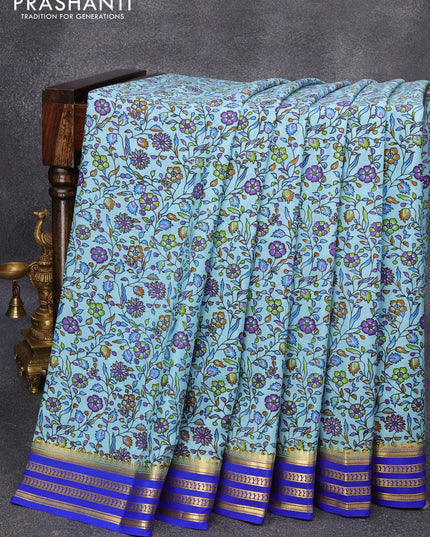 Printed crepe silk sraee teal blue and blue with allover floral prints and zari woven border - {{ collection.title }} by Prashanti Sarees