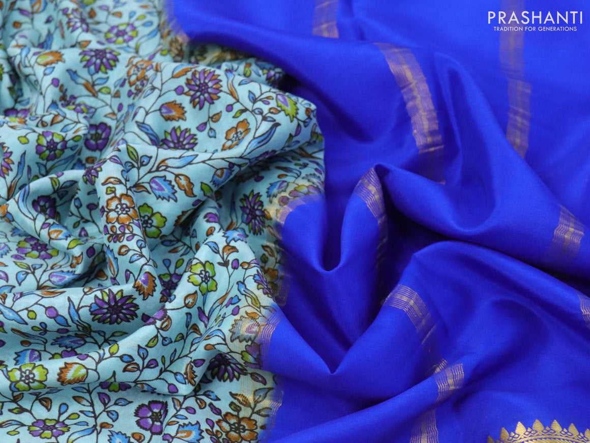 Printed crepe silk sraee teal blue and blue with allover floral prints and zari woven border - {{ collection.title }} by Prashanti Sarees