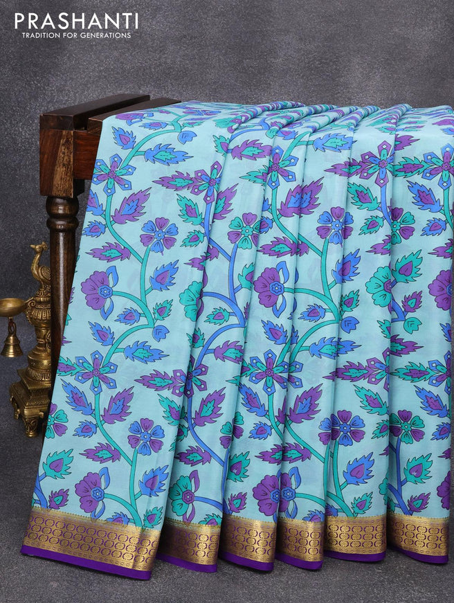 Printed crepe silk sraee teal blue and blue with allover prints and zari woven border - {{ collection.title }} by Prashanti Sarees
