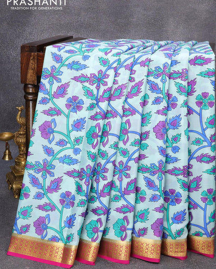 Printed crepe silk sraee teal blue and pink with allover prints and zari woven border - {{ collection.title }} by Prashanti Sarees