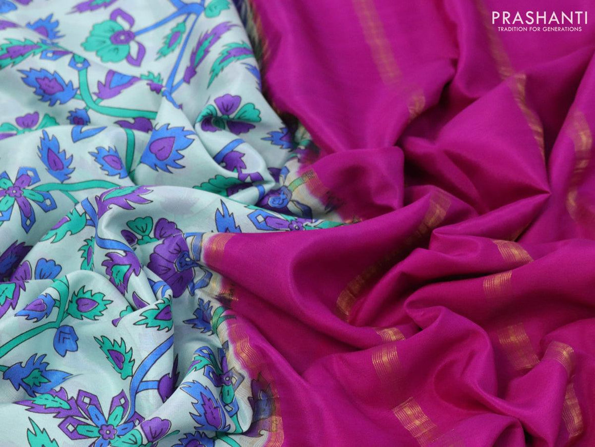 Printed crepe silk sraee teal blue and pink with allover prints and zari woven border - {{ collection.title }} by Prashanti Sarees