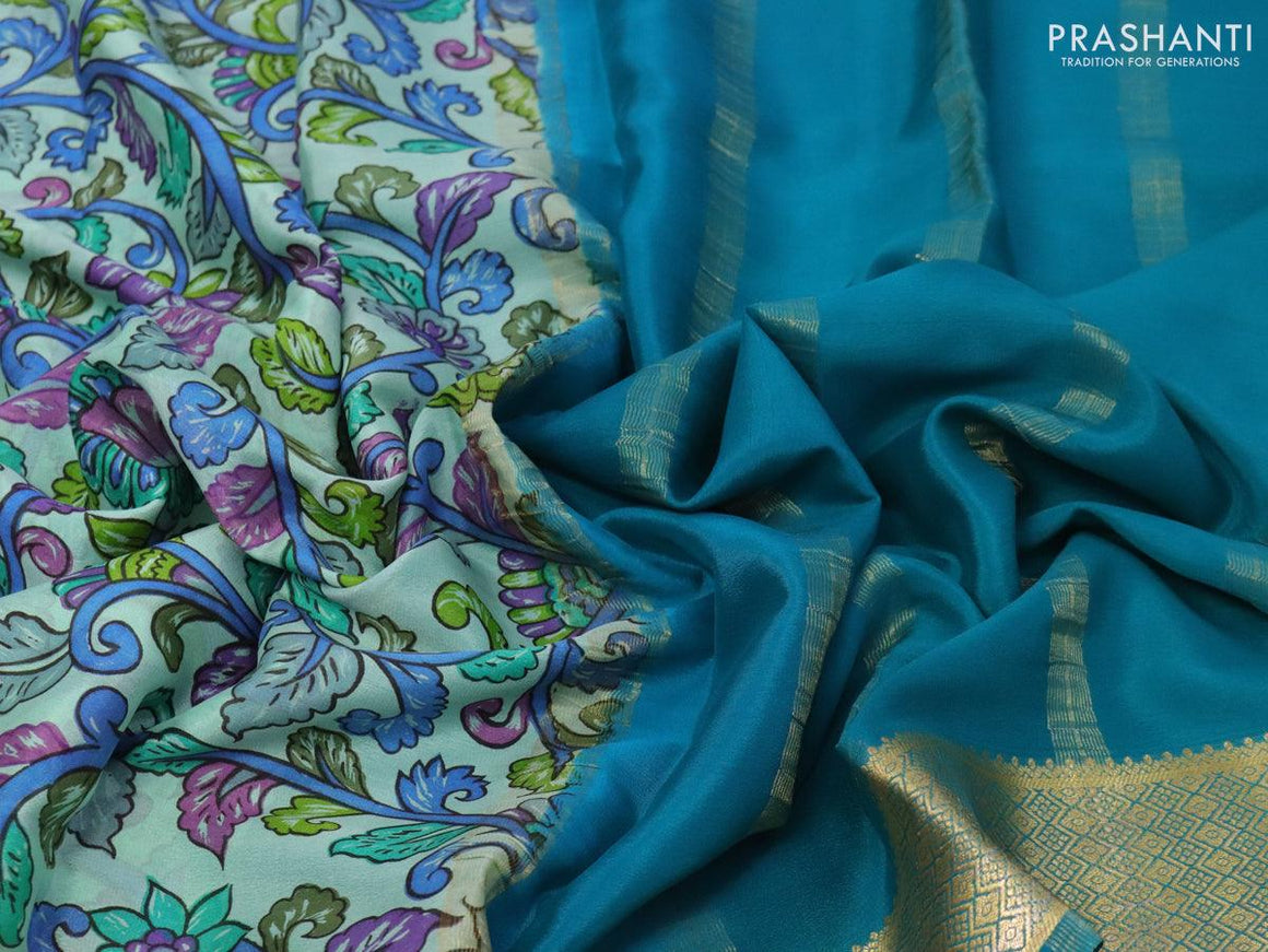 Printed crepe silk sraee teal blue shade and cs blue with allover kalamkari prints and zari woven border - {{ collection.title }} by Prashanti Sarees