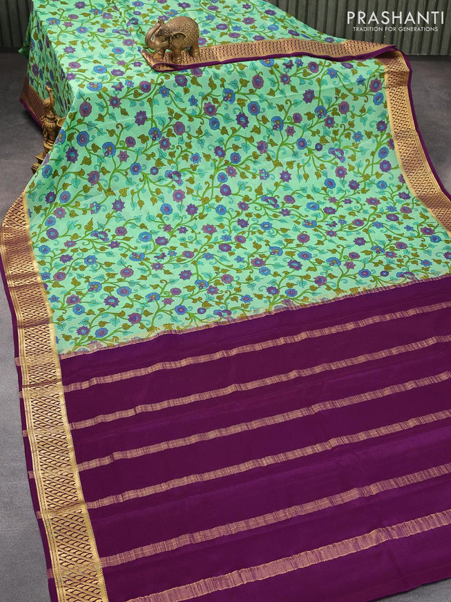 Printed crepe silk sraee teal green and purple with allover kalamkari prints and zari woven border - {{ collection.title }} by Prashanti Sarees