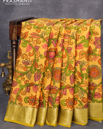 Printed crepe silk sraee yellow and mustard yellow with allover kalamkari prints and zari woven border - {{ collection.title }} by Prashanti Sarees