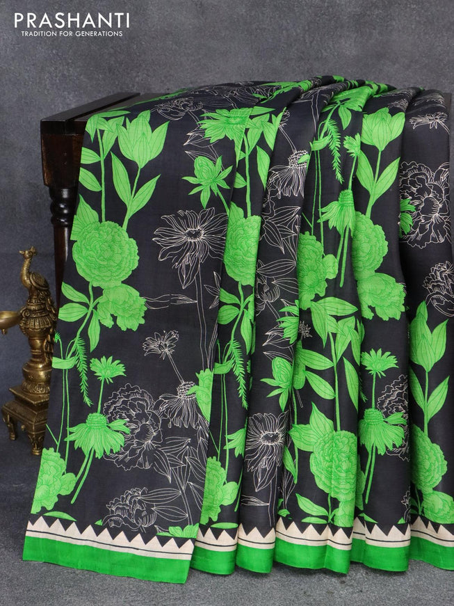 Printed silk saree black and light green with allover floral prints and simple border - {{ collection.title }} by Prashanti Sarees
