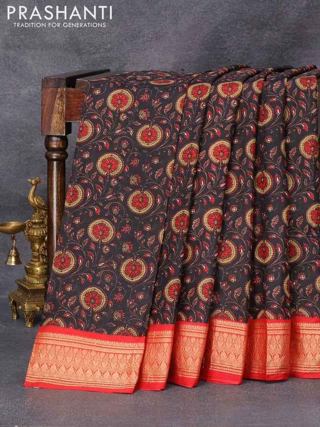 Printed silk saree black and red with allover floral prints and thread woven border - {{ collection.title }} by Prashanti Sarees