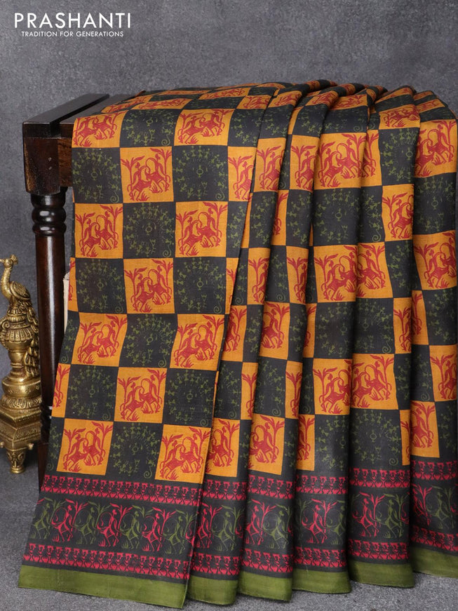 Printed silk saree black and sap green with allover prints and printed border - {{ collection.title }} by Prashanti Sarees