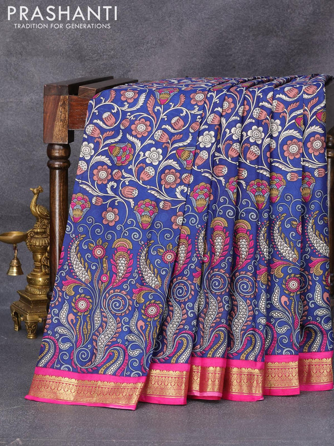 Printed silk saree blue and pink with allover kalamkari prints and zari woven border - {{ collection.title }} by Prashanti Sarees