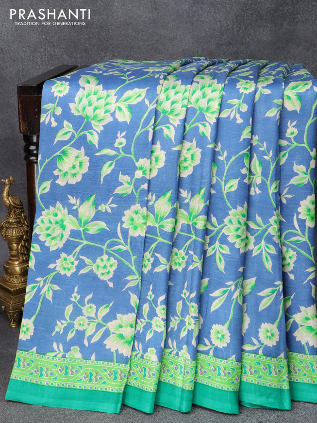 Printed silk saree blue shade and green with allover floral prints and printed border - {{ collection.title }} by Prashanti Sarees