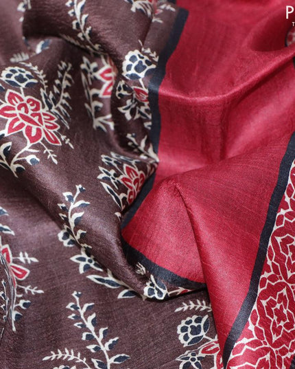 Printed silk saree brown and maroon with allover floral prints and printed border - {{ collection.title }} by Prashanti Sarees