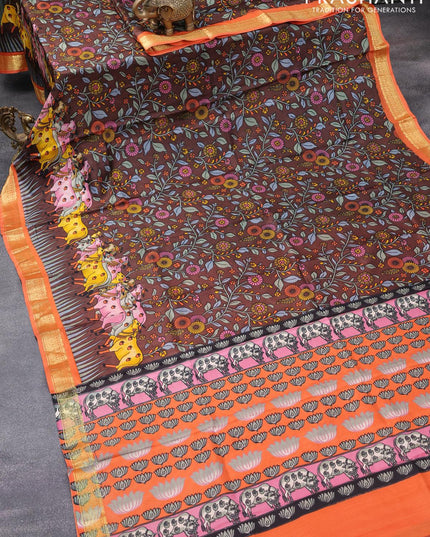 Printed silk saree brown and orange with allover prints and zari woven border - {{ collection.title }} by Prashanti Sarees