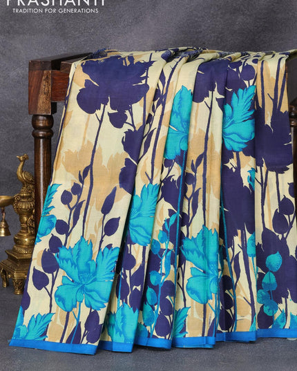 Printed silk saree cream and blue with allover floral prints and simple border - {{ collection.title }} by Prashanti Sarees