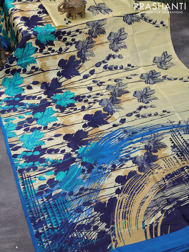 Printed silk saree cream and blue with allover floral prints and simple border - {{ collection.title }} by Prashanti Sarees