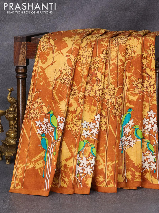 Printed silk saree dark mustard and light green with allover floral prints and simple border - {{ collection.title }} by Prashanti Sarees