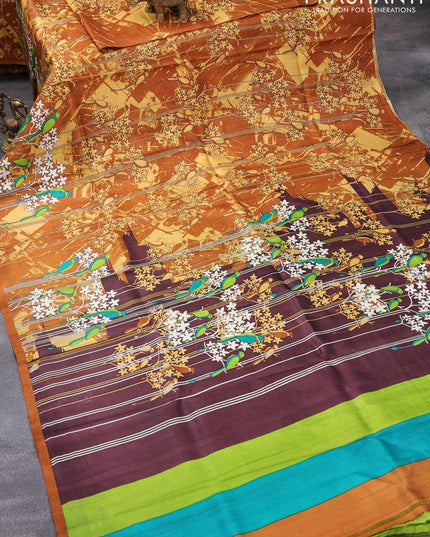 Printed silk saree dark mustard and light green with allover floral prints and simple border - {{ collection.title }} by Prashanti Sarees