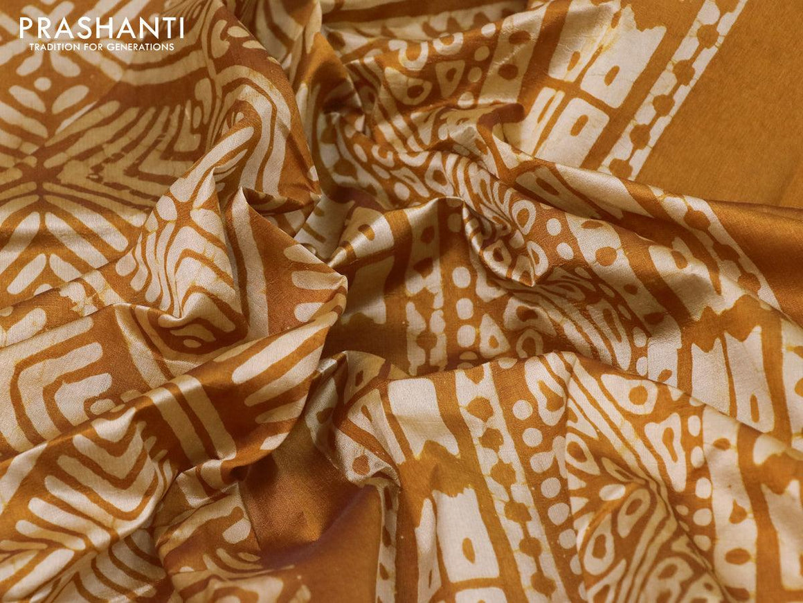 Printed silk saree dark mustard with allover batik prints and printed border - {{ collection.title }} by Prashanti Sarees