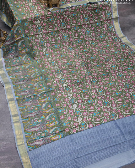 Printed silk saree green and grey with allover kalamkari prints and zari woven border - {{ collection.title }} by Prashanti Sarees
