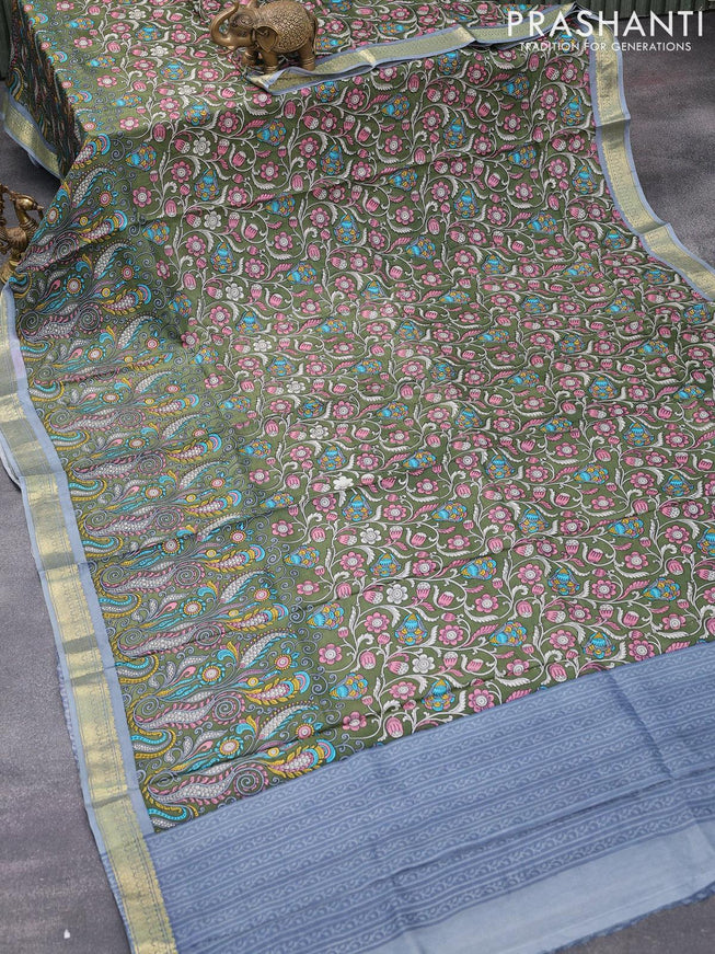 Printed silk saree green and grey with allover kalamkari prints and zari woven border - {{ collection.title }} by Prashanti Sarees