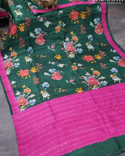 Printed silk saree green and pink with allover floral prints and simple border - {{ collection.title }} by Prashanti Sarees