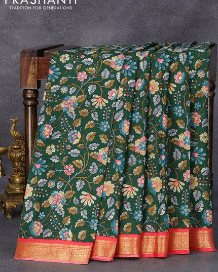 Printed silk saree green and pink with allover kalamkari prints and zari woven border - {{ collection.title }} by Prashanti Sarees