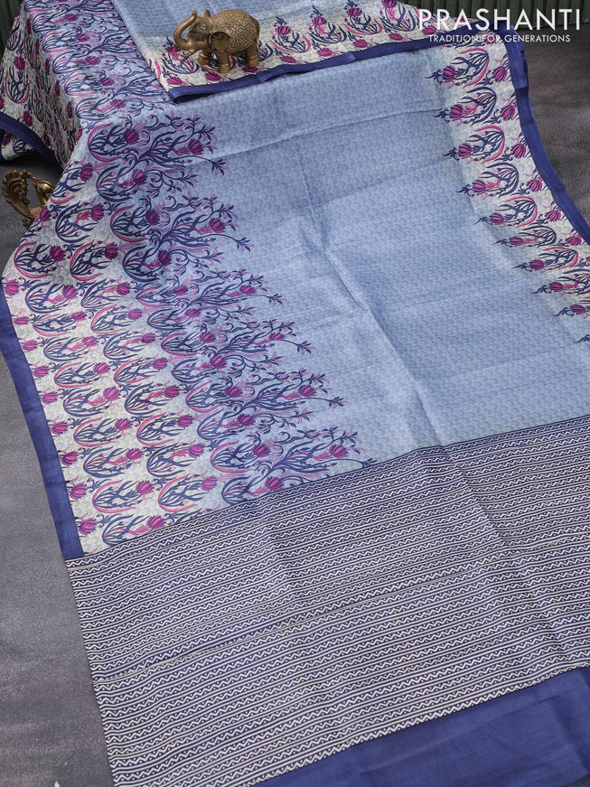 Printed silk saree grey and blue shade with allover floral prints and floral printed simple border - {{ collection.title }} by Prashanti Sarees