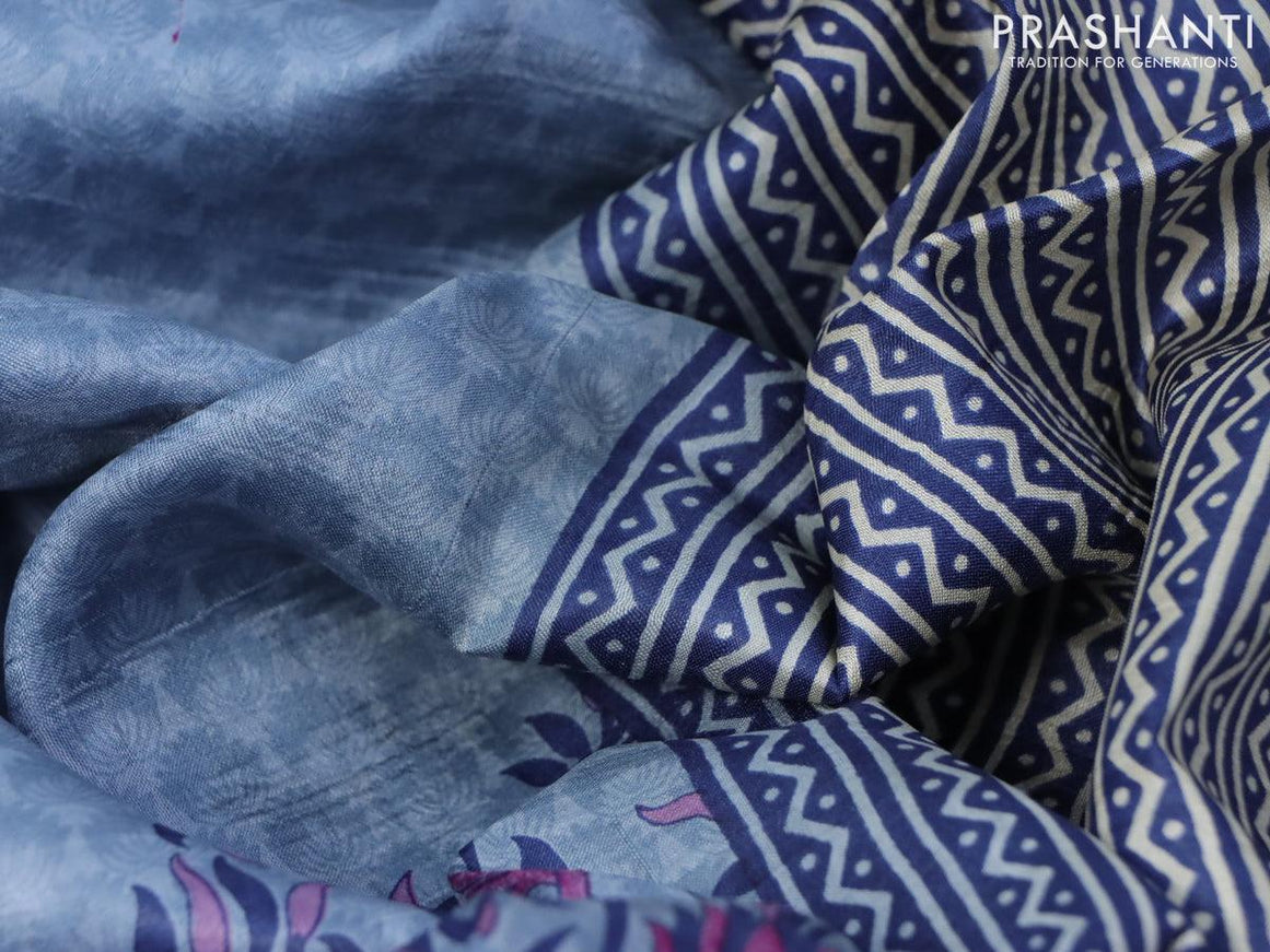 Printed silk saree grey and blue shade with allover floral prints and floral printed simple border - {{ collection.title }} by Prashanti Sarees