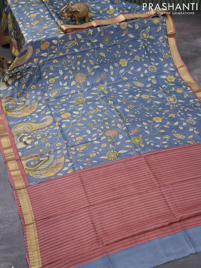 Printed silk saree greyish blue and pastel brown with allover kalamkari prints and zari woven border - {{ collection.title }} by Prashanti Sarees
