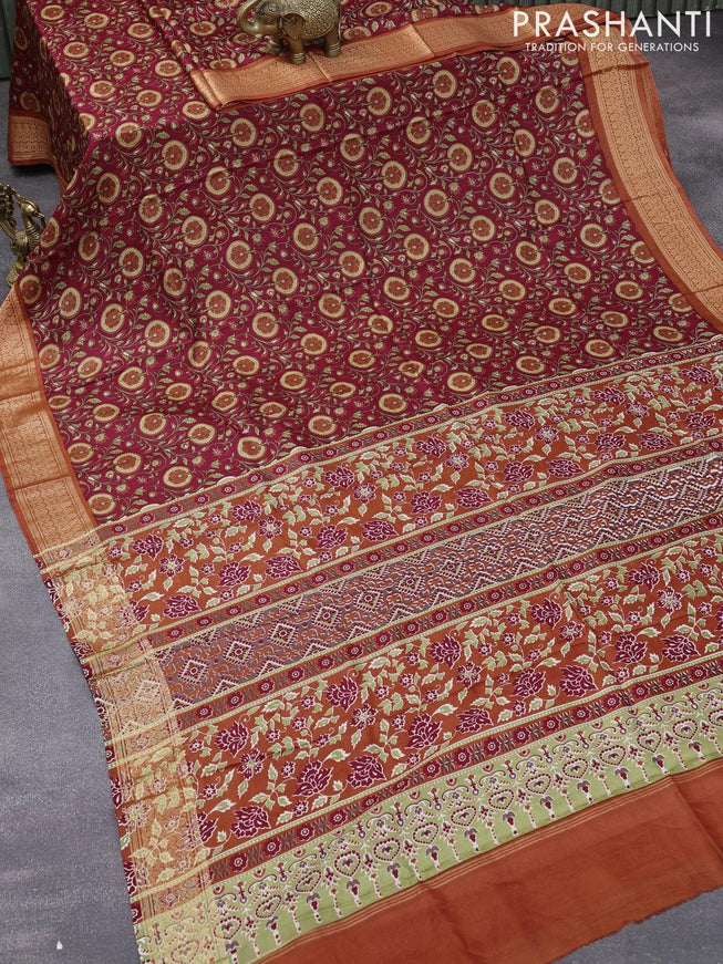 Printed silk saree maroon and rustic orange with allover floral prints and thread woven border - {{ collection.title }} by Prashanti Sarees