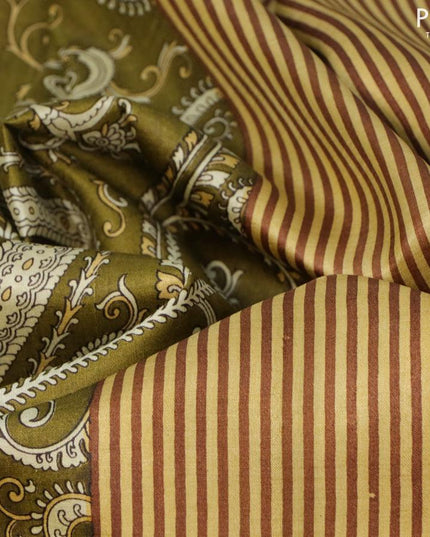 Printed silk saree mehendi green and rust shade with allover kalamkari prints and simple border - {{ collection.title }} by Prashanti Sarees