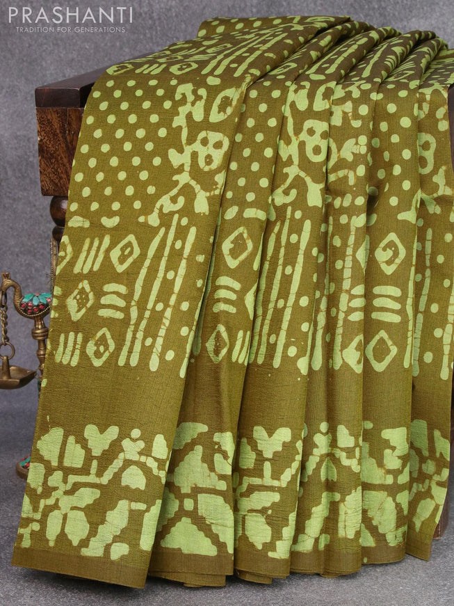 Printed silk saree olive green with allover batik prints and printed border - {{ collection.title }} by Prashanti Sarees