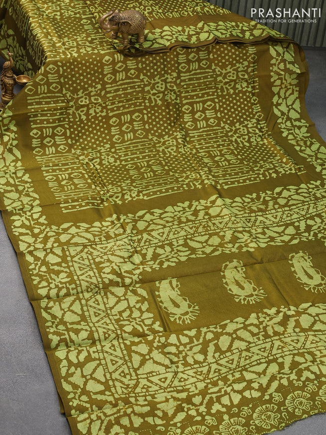 Printed silk saree olive green with allover batik prints and printed border - {{ collection.title }} by Prashanti Sarees