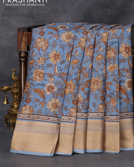 Printed silk saree pastel blue shade with allover floral prints and thread woven border - {{ collection.title }} by Prashanti Sarees