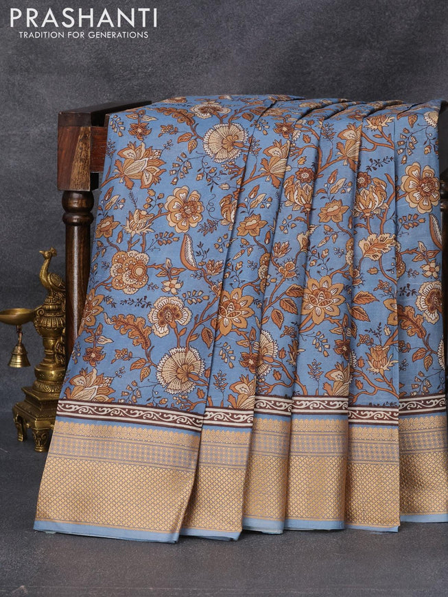 Printed silk saree pastel blue shade with allover floral prints and thread woven border - {{ collection.title }} by Prashanti Sarees
