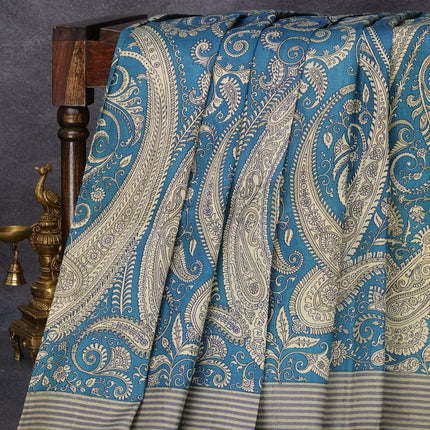 Printed silk saree peacock blue with allover kalamkari prints and simple border - {{ collection.title }} by Prashanti Sarees
