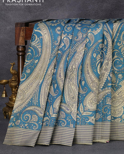Printed silk saree peacock blue with allover kalamkari prints and simple border - {{ collection.title }} by Prashanti Sarees