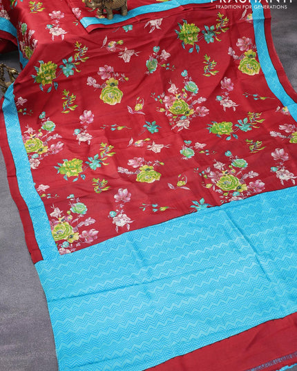 Printed silk saree red and light blue with allover floral prints and simple border - {{ collection.title }} by Prashanti Sarees