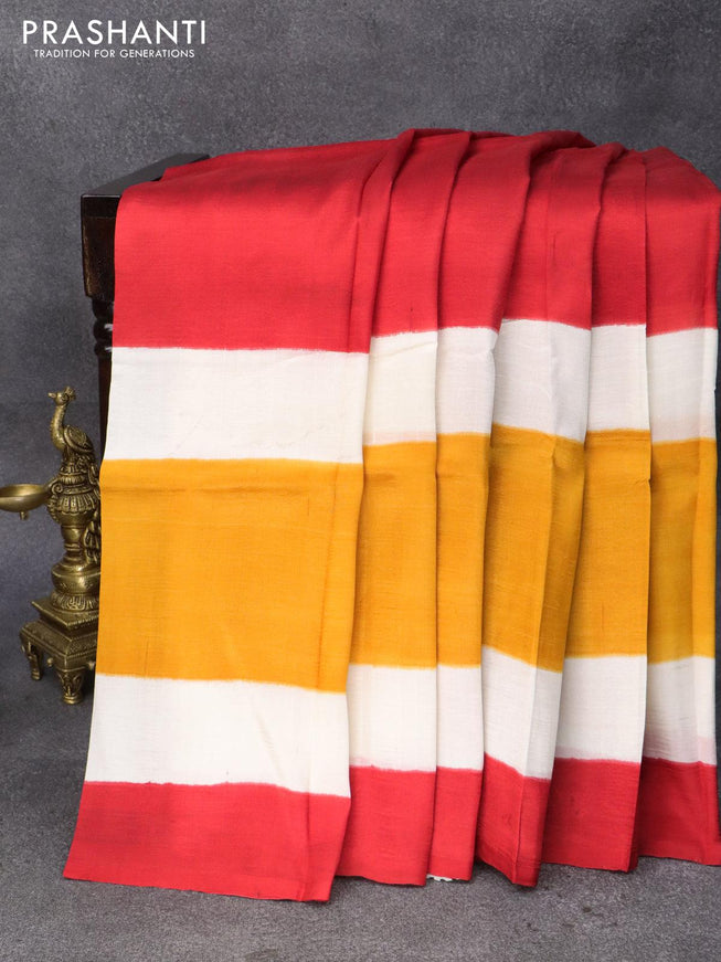 Printed silk saree red and mustard yellow off white with plain body and printed border - {{ collection.title }} by Prashanti Sarees