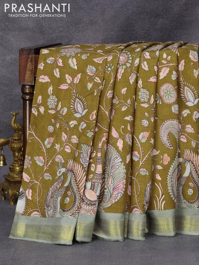 Printed silk saree sandal and pastel green with allover kalamkari prints and zari woven border - {{ collection.title }} by Prashanti Sarees