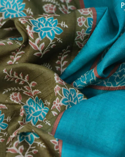 Printed silk saree sap green and blue with allover floral prints and printed border - {{ collection.title }} by Prashanti Sarees