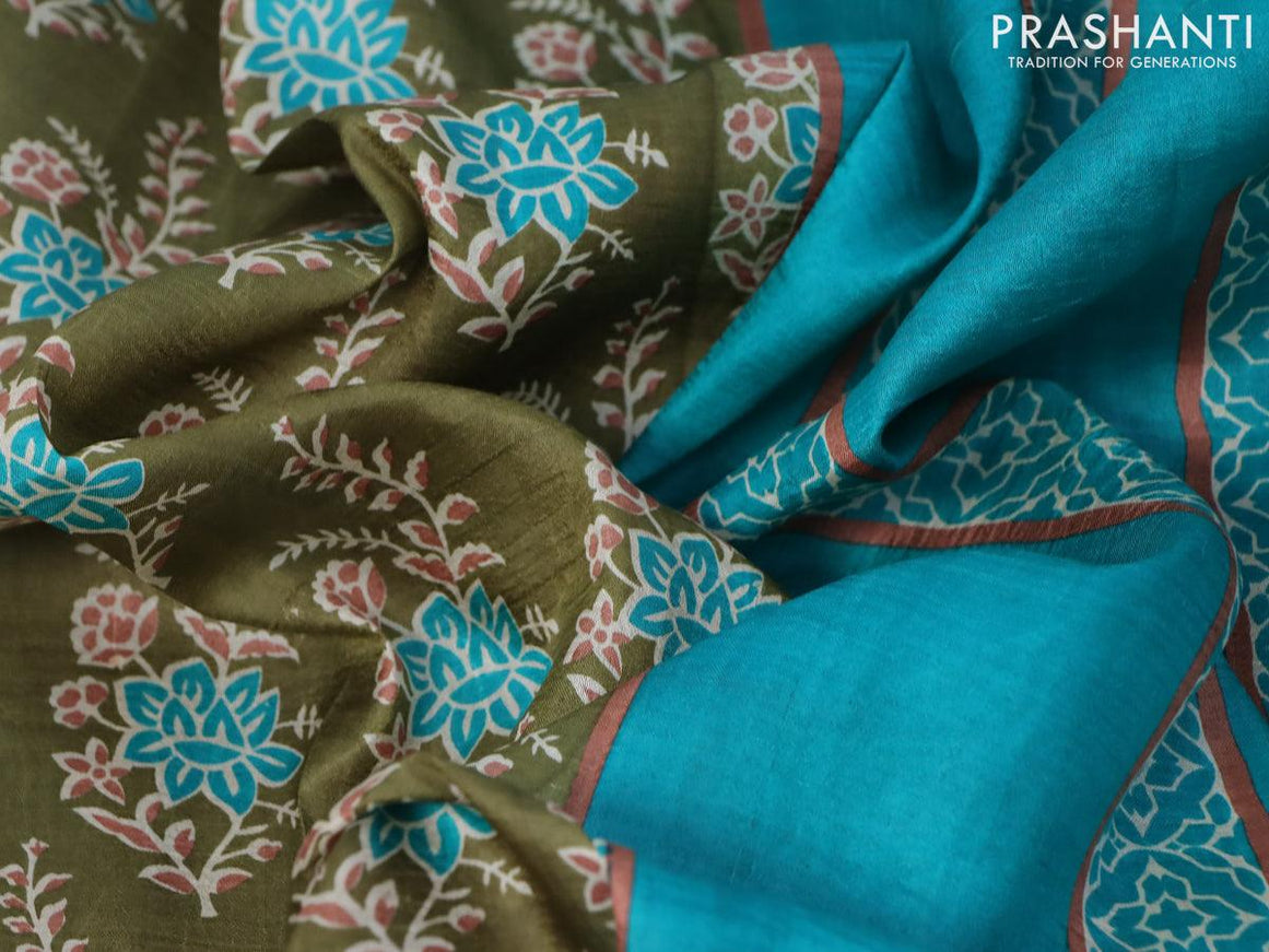 Printed silk saree sap green and blue with allover floral prints and printed border - {{ collection.title }} by Prashanti Sarees