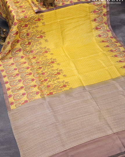 Printed silk saree yellow and brown with allover floral prints and floral printed simple border - {{ collection.title }} by Prashanti Sarees