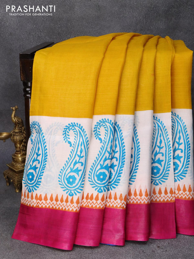 Printed silk saree yellow and off white pink with plain body and paisley printed border - {{ collection.title }} by Prashanti Sarees