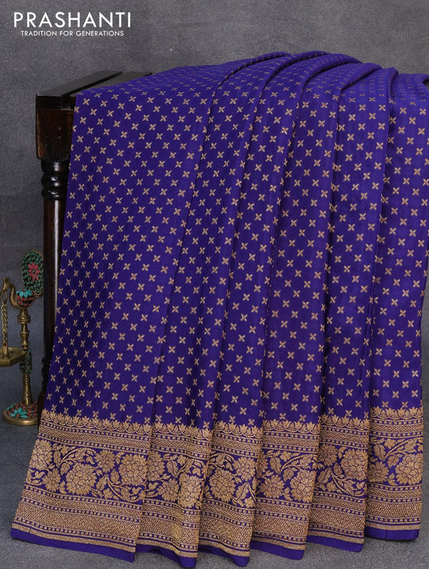 Pure banarasi crepe saree blue and yellow with allover thread & zari woven butta weaves and woven border and floral prints embroidery work readymade blouse - {{ collection.title }} by Prashanti Sarees