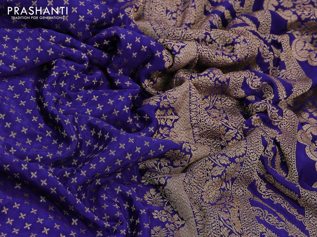 Pure banarasi crepe saree blue and yellow with allover thread & zari woven butta weaves and woven border and floral prints embroidery work readymade blouse - {{ collection.title }} by Prashanti Sarees