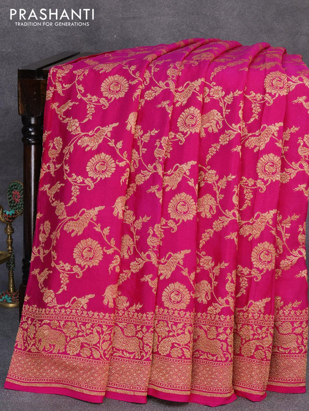 Pure banarasi crepe saree pink and yellow with allover thread & zari weaves and woven border and pichwai prints embroidery work readymade blouse - {{ collection.title }} by Prashanti Sarees