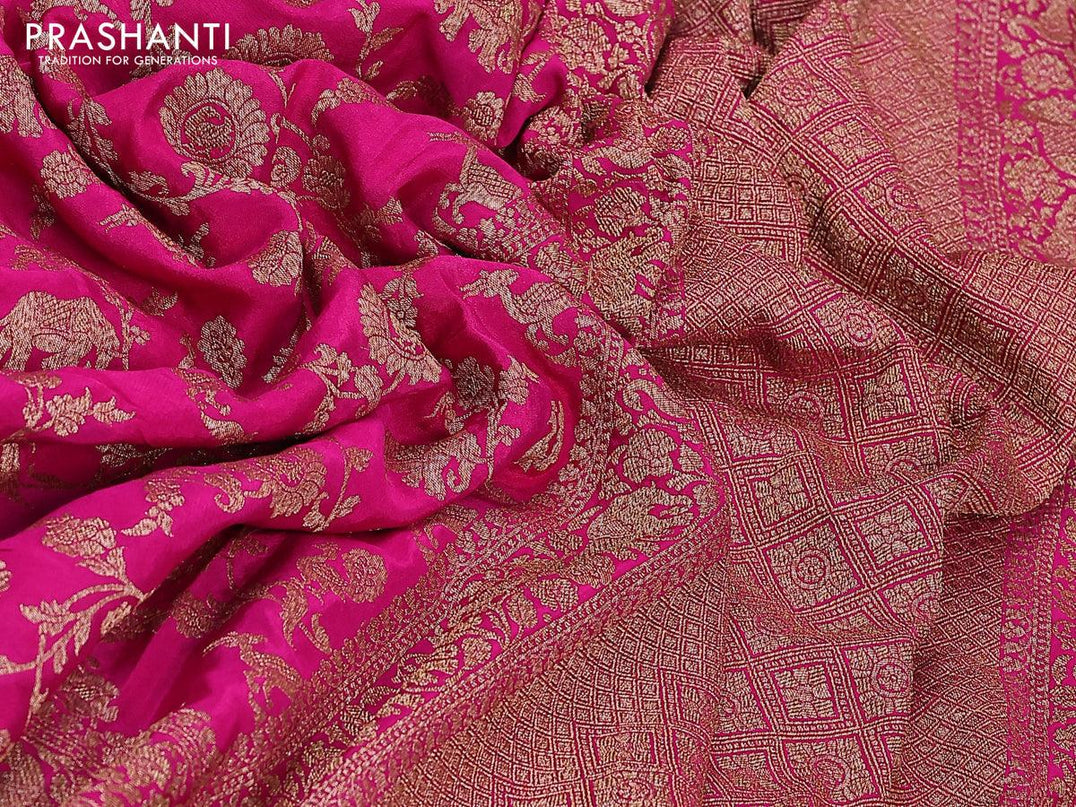 Pure banarasi crepe saree pink and yellow with allover thread & zari weaves and woven border and pichwai prints embroidery work readymade blouse - {{ collection.title }} by Prashanti Sarees